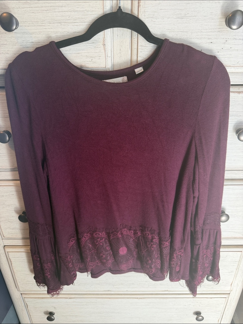 Altar'd State Plum Lace-Hem Long Sleeve Top